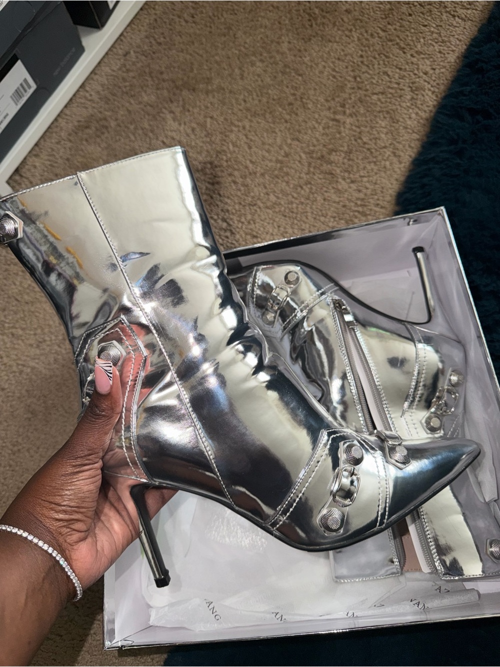 AZALEA WANG Metallic Silver Pointed Toe Stiletto Ankle Boots - Women